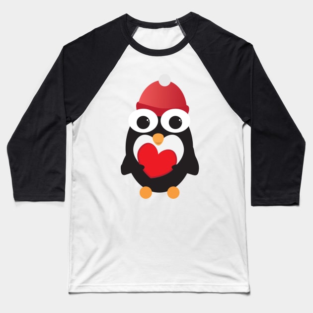 Cute Penguin Holding Red Heart Baseball T-Shirt by sigdesign